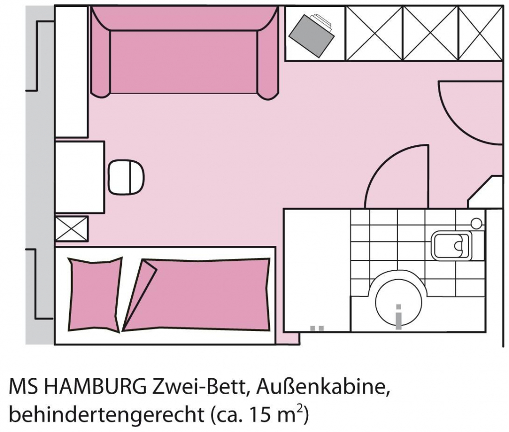 MS Hamburg, Kabinengrundriss, 2-Bett außen (behindertengerecht)